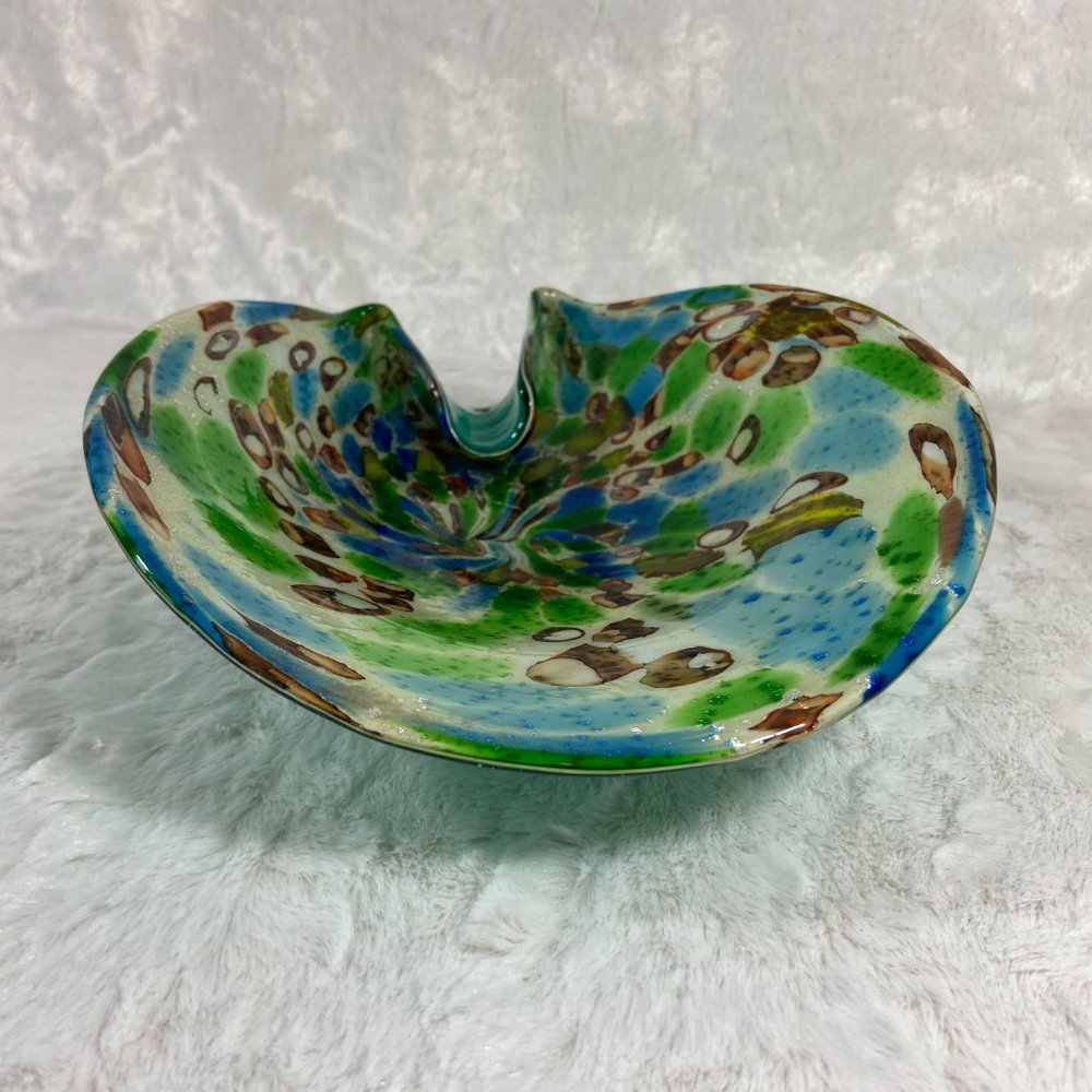 Vintage Mid century  Murano Italian Colorful Confetti Glass Bowl Teal Silver - Picture 2 of 12